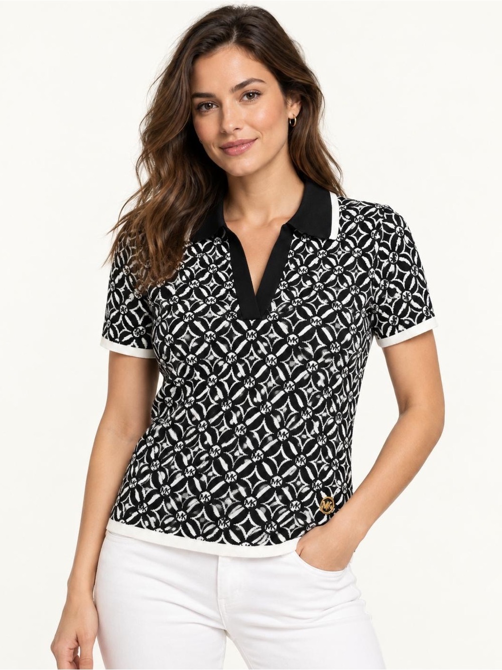 Michael Kors Black and White Geometric Polo Top